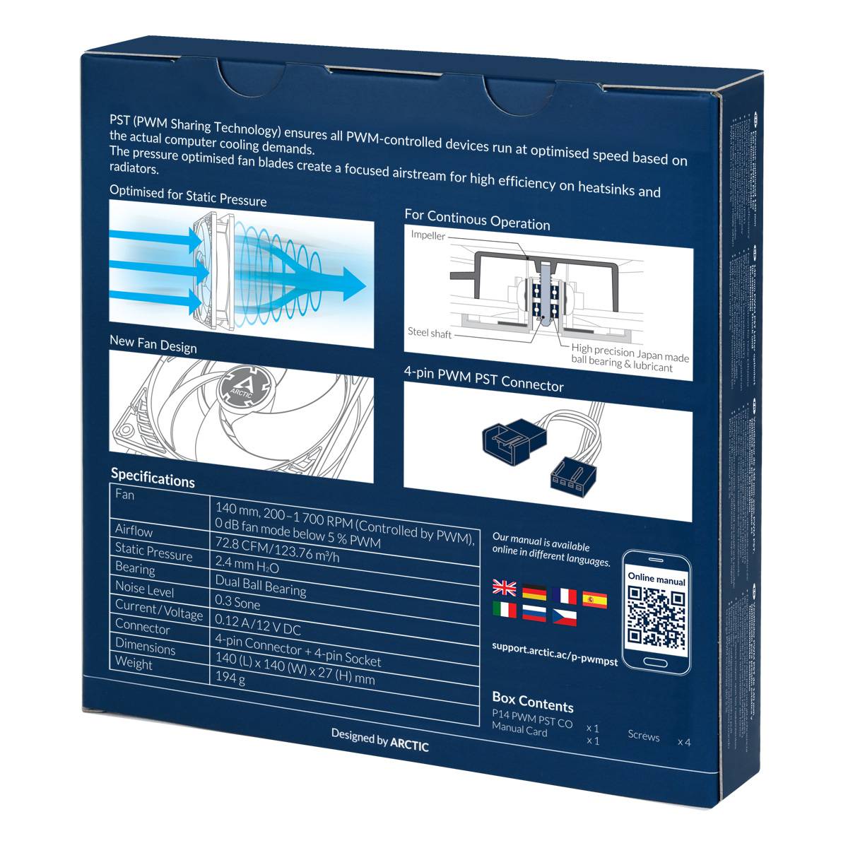 'Verpackungsrückseite eines Lüfters mit Spezifikationen: 140mm, 700-1700 RPM, Luftstrom von 72.8 m3/h, leise mit nur 0.3 Sone.'