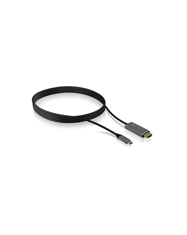 Ein langes, schwarzes HDMI-Kabel mit einem Mini-HDMI-Stecker an einem Ende und einem Standard-HDMI-Stecker am anderen Ende.