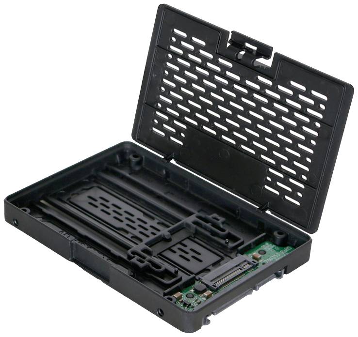 Ein schwarzes, offenes Gehäuse für eine Festplatte mit Sicht auf den Anschluss im Inneren und Lüftungsschlitzen im Deckel.