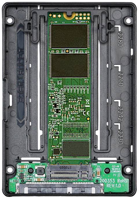 Ein offenes Gehäuse mit einer eingebauten grünen Leiterplatte, die Speicherchips und elektronische Komponenten zeigt.