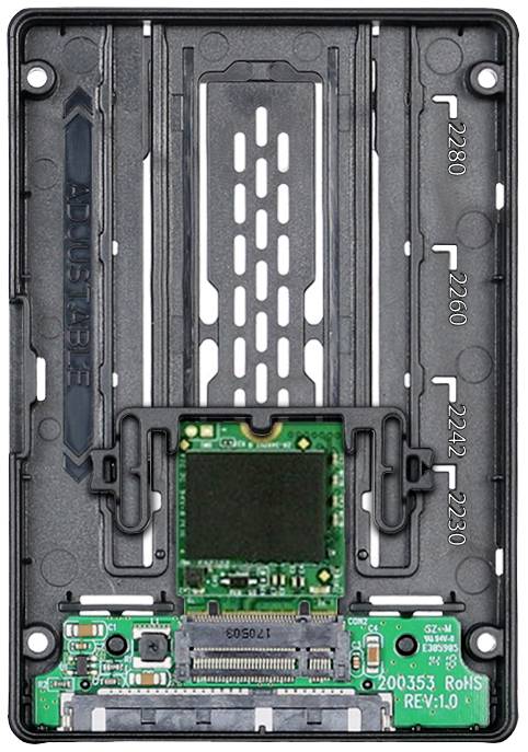 Ein offenes Festplattengehäuse mit sichtbarer Schaltung und Einschüben für verschiedene SSD-Größen; Beschriftungen für Größen '2280', '2260', '2242', '2230'.