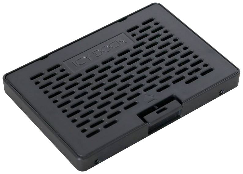 Ein schwarzes, rechteckiges Kunststoffgehäuse mit Lüftungsschlitzen, geeignet für den Einbau von elektronischen Komponenten.