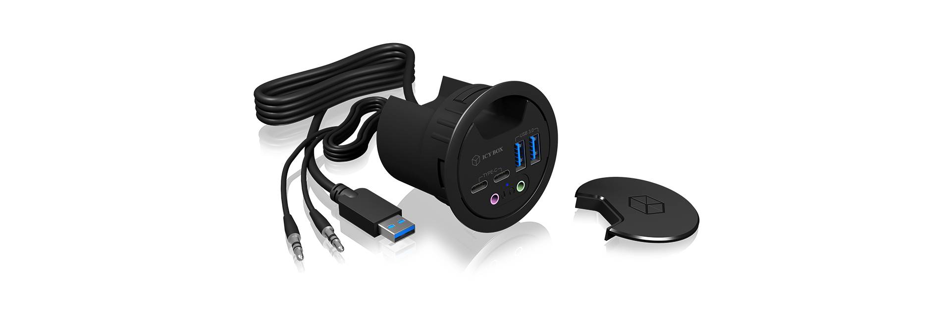 USB-Anschlussmodul mit zwei blauen USB-Anschlüssen, Audioeingang und -ausgang, schwarzem Gehäuse und abnehmbarem Deckel.