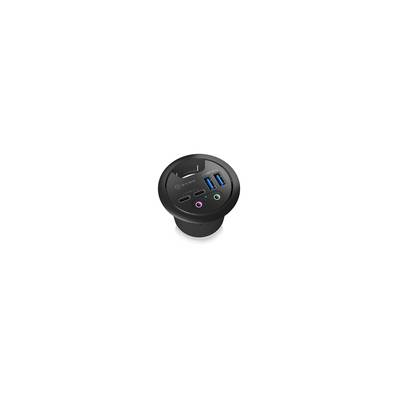 Ein schwarzes Tischanschlussfeld mit zwei USB-Anschlüssen, einem USB-C-Anschluss und einem Kopfhörer- sowie Mikrofonanschluss.