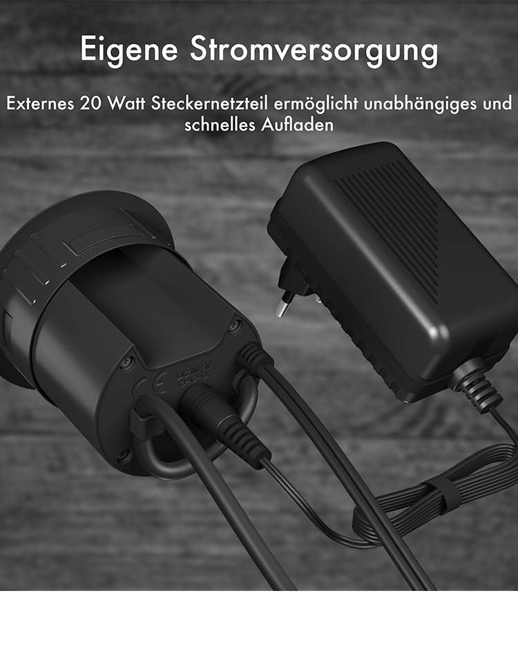 'Externe 20 Watt Steckernetzteil ermöglicht unabhängiges und schnelles Aufladen.' Im Bild ist ein schwarzes Ladegerät.