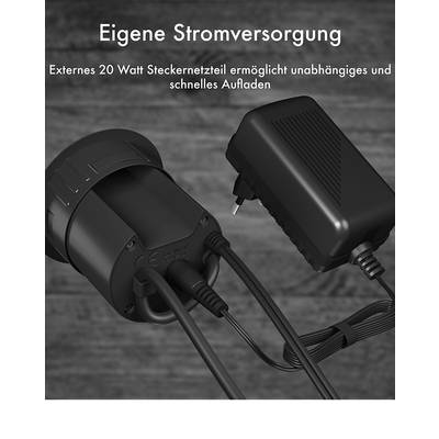 'Externe 20 Watt Steckernetzteil ermöglicht unabhängiges und schnelles Aufladen.' Im Bild ist ein schwarzes Ladegerät.