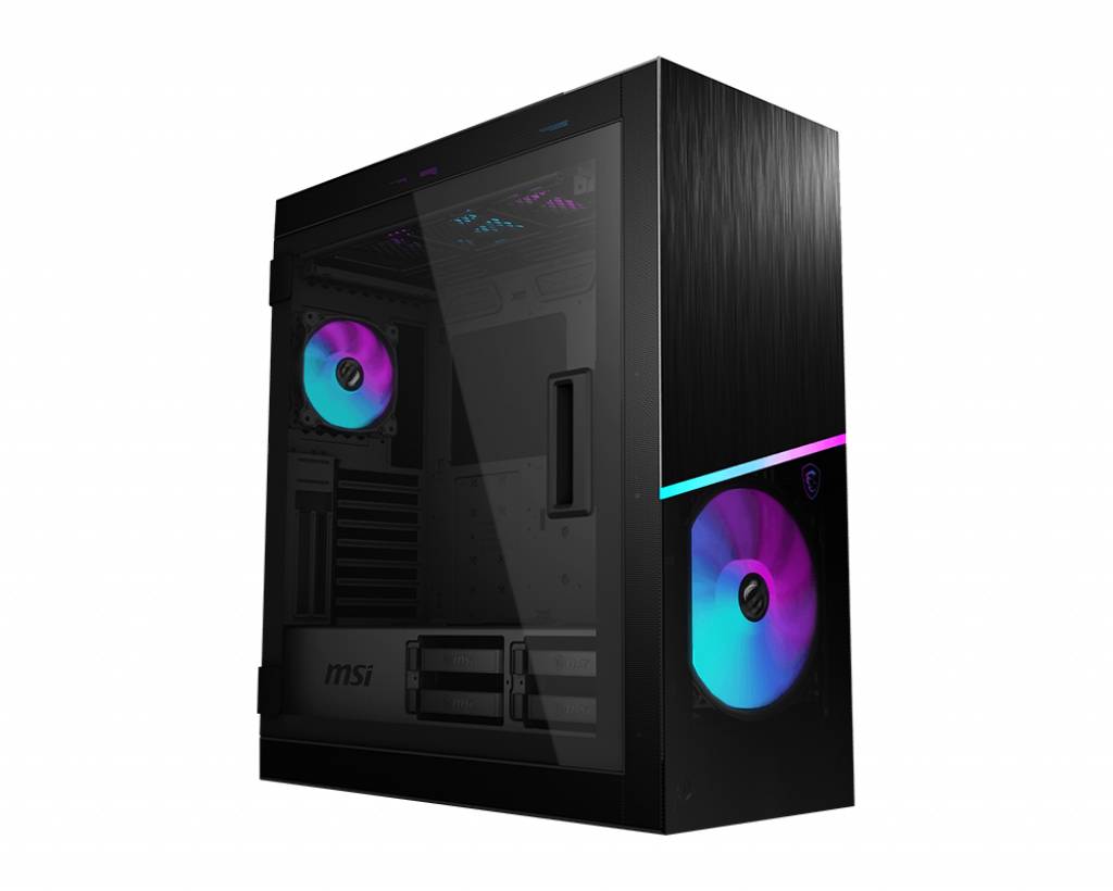 Ein schwarzes Computergehäuse mit Glasfenster, zeigt bunte, beleuchtete Lüfter. Geeignet für Gaming-PCs oder Hochleistungsrechner.