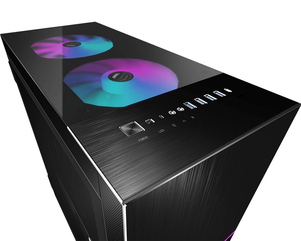 Schwarzes PC-Gehäuse mit Glasoberseite, zeigt zwei RGB-beleuchtete Lüfter und mehrere Anschlüsse, darunter USB-Ports.
