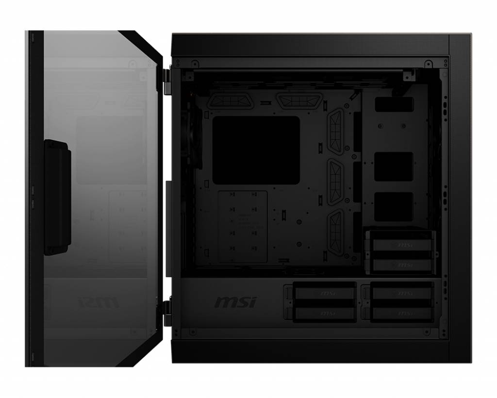 Schwarzes PC-Gehäuse mit geöffneter Glastür, zeigt leeren Innenraum mit Halterungen und Steckplätzen für Hardware-Komponenten.