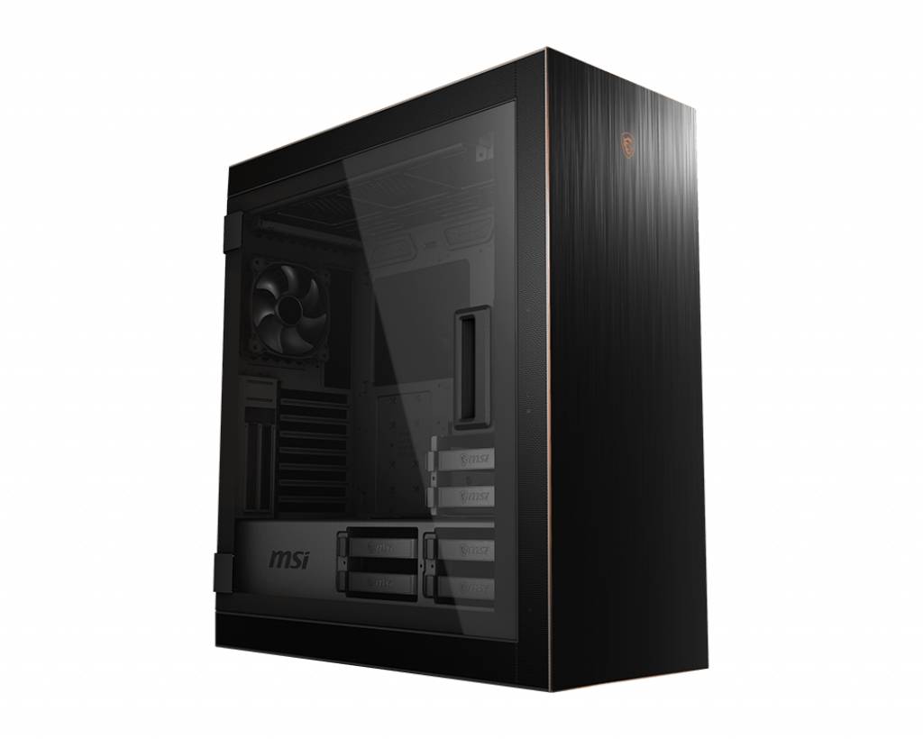 Schwarzes Computergehäuse von MSI mit transparentem Seitenfenster, sichtbar: interne Lüfter, Steckplätze für Laufwerke, minimalistisches Design.