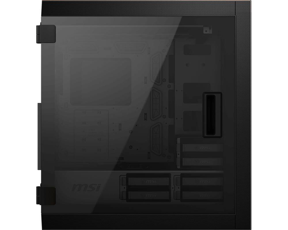 Schwarzes PC-Gehäuse mit transparentem Seitenpanel, das den Innenraum für Hardware-Komponenten zeigt.