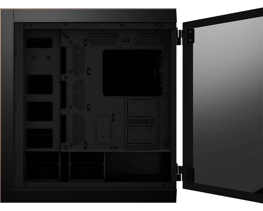 Schwarzes PC-Gehäuse mit geöffneter, durchsichtiger Seitenabdeckung, zeigt den Innenraum zur Befestigung von Computerkomponenten.