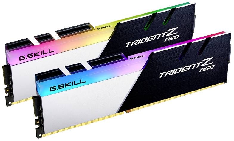 Zwei G.SKILL Trident Z Neo RAM-Module mit RGB-Beleuchtung, geeignet für Gaming-PCs, zeigen ein modernes Design und hohe Leistung.