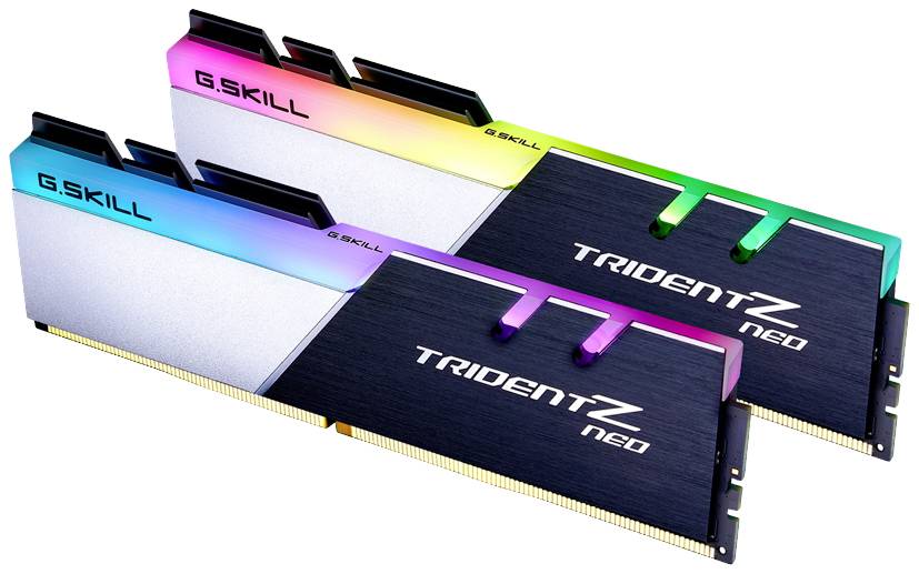 Zwei G.Skill Trident Z Neo RAM-Module mit RGB-Beleuchtung und schwarzem Gehäuse, geeignet für Hochleistungscomputer.