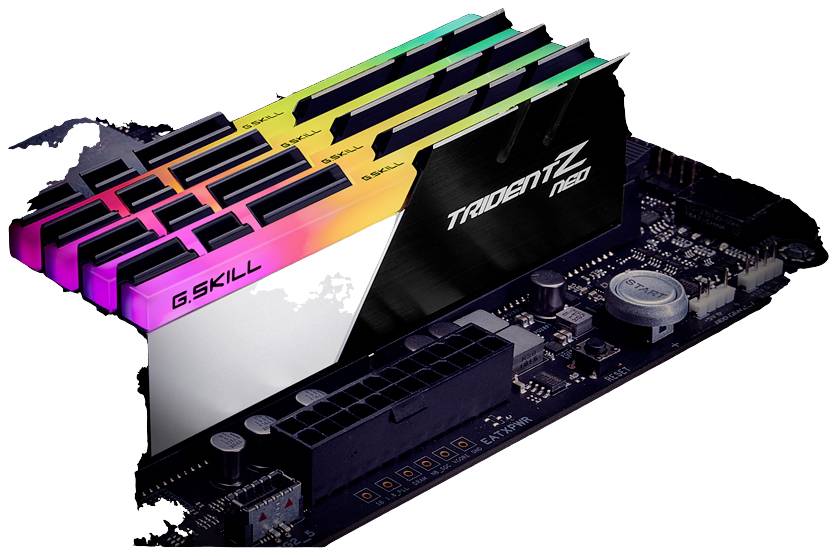 RAM-Module mit mehrfarbiger RGB-Beleuchtung auf einem Motherboard. Links ist 'G.SKILL' zu lesen, rechts 'Trident Z Neo'.