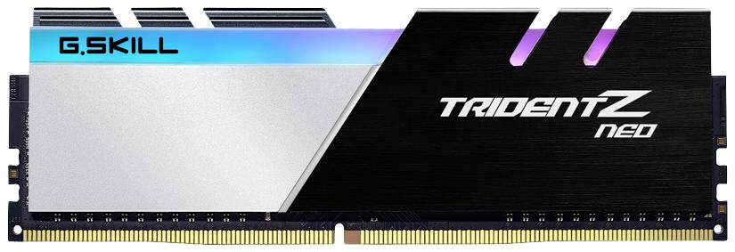 RAM-Modul der Marke G.Skill, Modell Trident Z Neo, mit schwarzem und silbernem Design sowie RGB-Beleuchtung am oberen Rand.