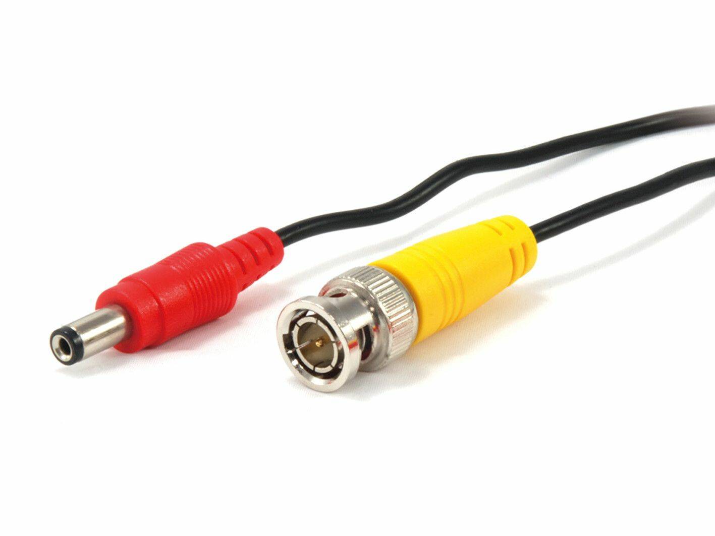 Ein rotes DC-Netzteil-Stecker und ein gelber BNC-Stecker sind an einem Kabel. Sie werden oft in Video- und Audioverbindungen verwendet.