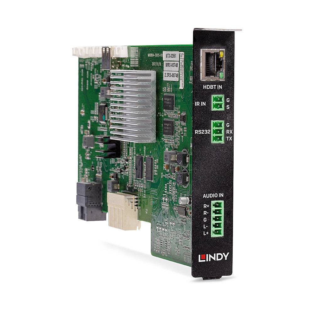 Eine grüne Schaltkarte mit elektronischen Komponenten, RJ45-Anschluss oben rechts. Aufschrift 'Lindy' unten rechts. Technische Ausrüstung.