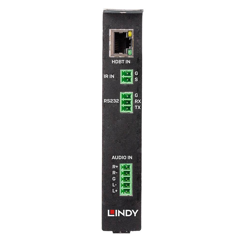 Ein schwarzes Gerät mit Anschlüssen für HDBT, IR, RS232 und Audio-In. Oben hat es einen Ethernet-Port, unten farbcodierte Audio-Anschlüsse. Es trägt die Marke 'Lindy'.