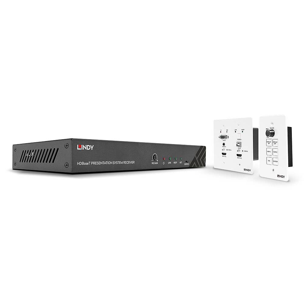 Ein schwarzes elektronisches Gerät der Marke Lindy mit Anschlüssen, begleitet von zwei weißen Anschlussplatten für HDMI und USB.