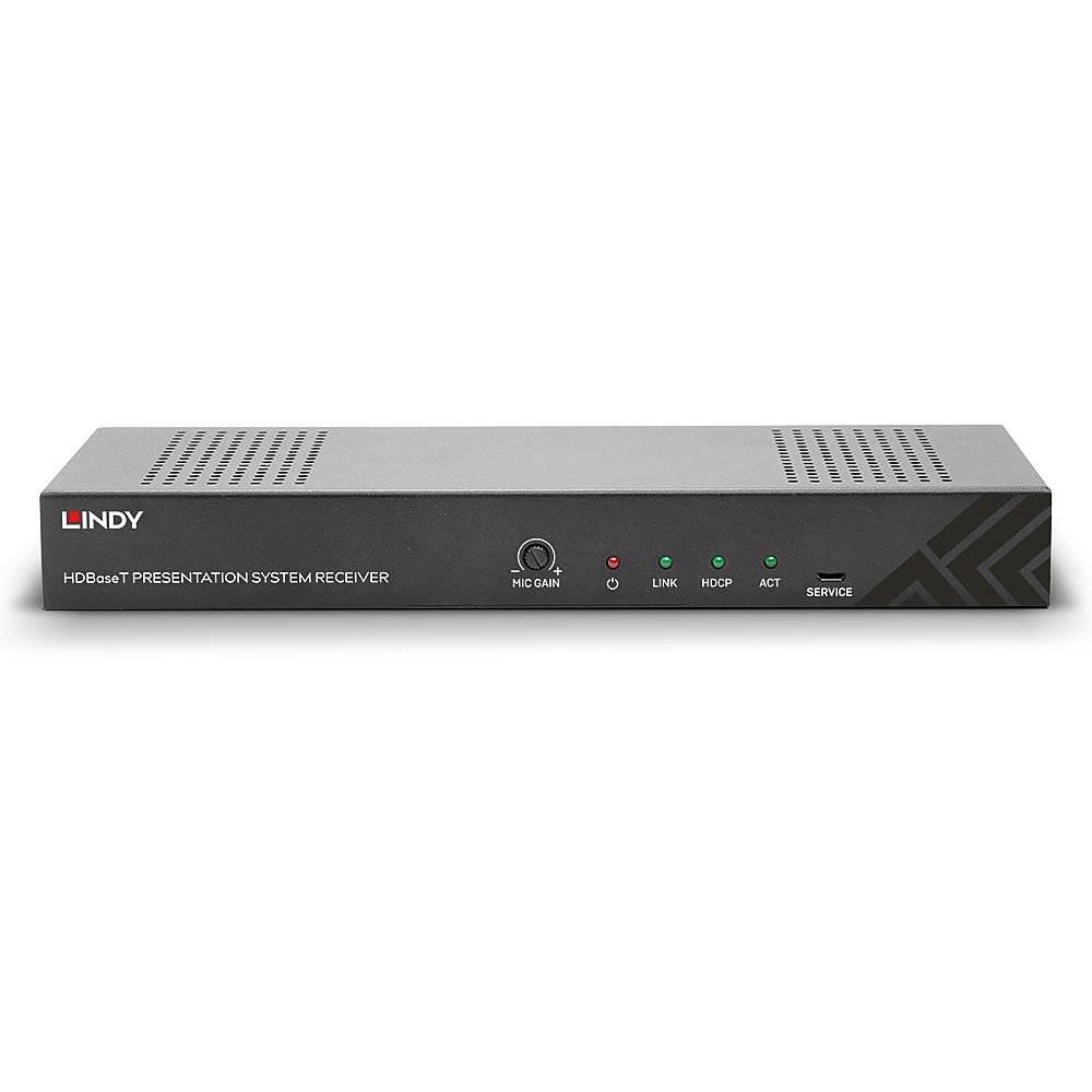 Ein HDBaseT Präsentationsempfänger von Lindy. Vorderseite zeigt Bedienelemente und Statusanzeigen für Verbindungen und Betrieb.