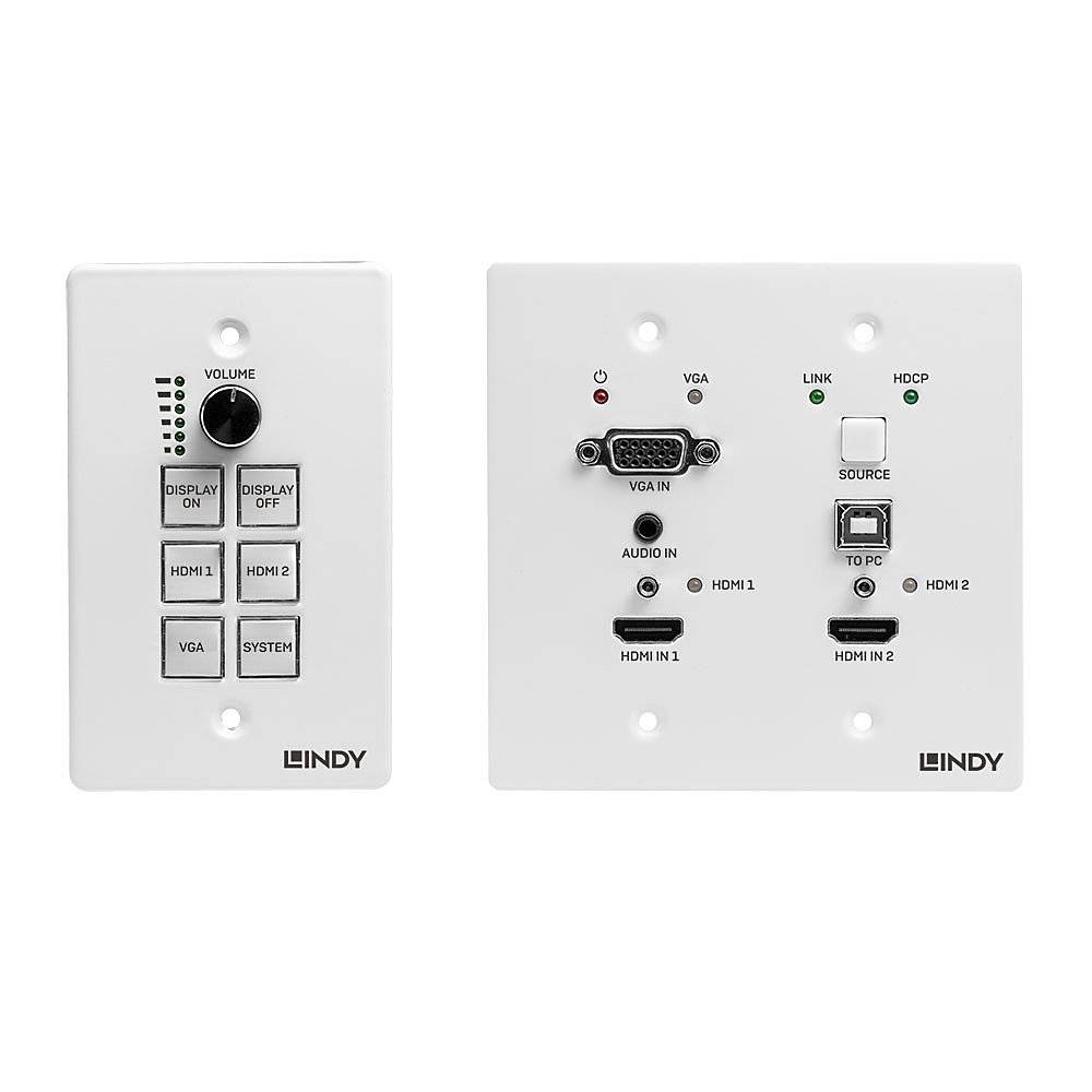 Zwei weiße Bedienfelder mit Lautstärkeregler, VGA, HDMI-Anschlüssen und Steuerungstasten für Audio- und Videoeinstellungen.