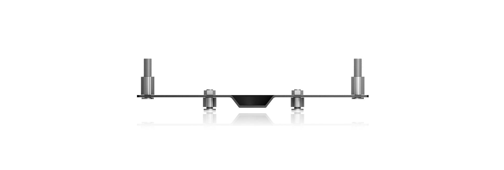 Eine minimalistische Darstellung einer metallischen Apparatur mit zwei vertikalen Bolzen an den Enden und einem zentralen Trichter.
