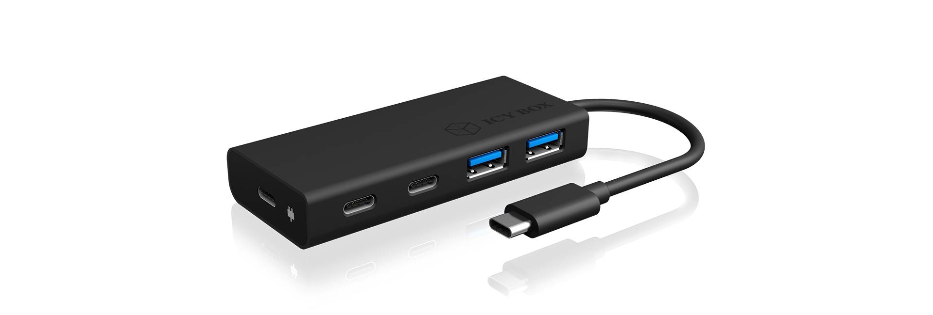 USB-C-Hub mit zwei USB-A-, zwei USB-C-Anschlüssen und HDMI-Ausgang, verbunden durch ein kurzes Kabel. Ideal für Laptops als Erweiterungsdock.
