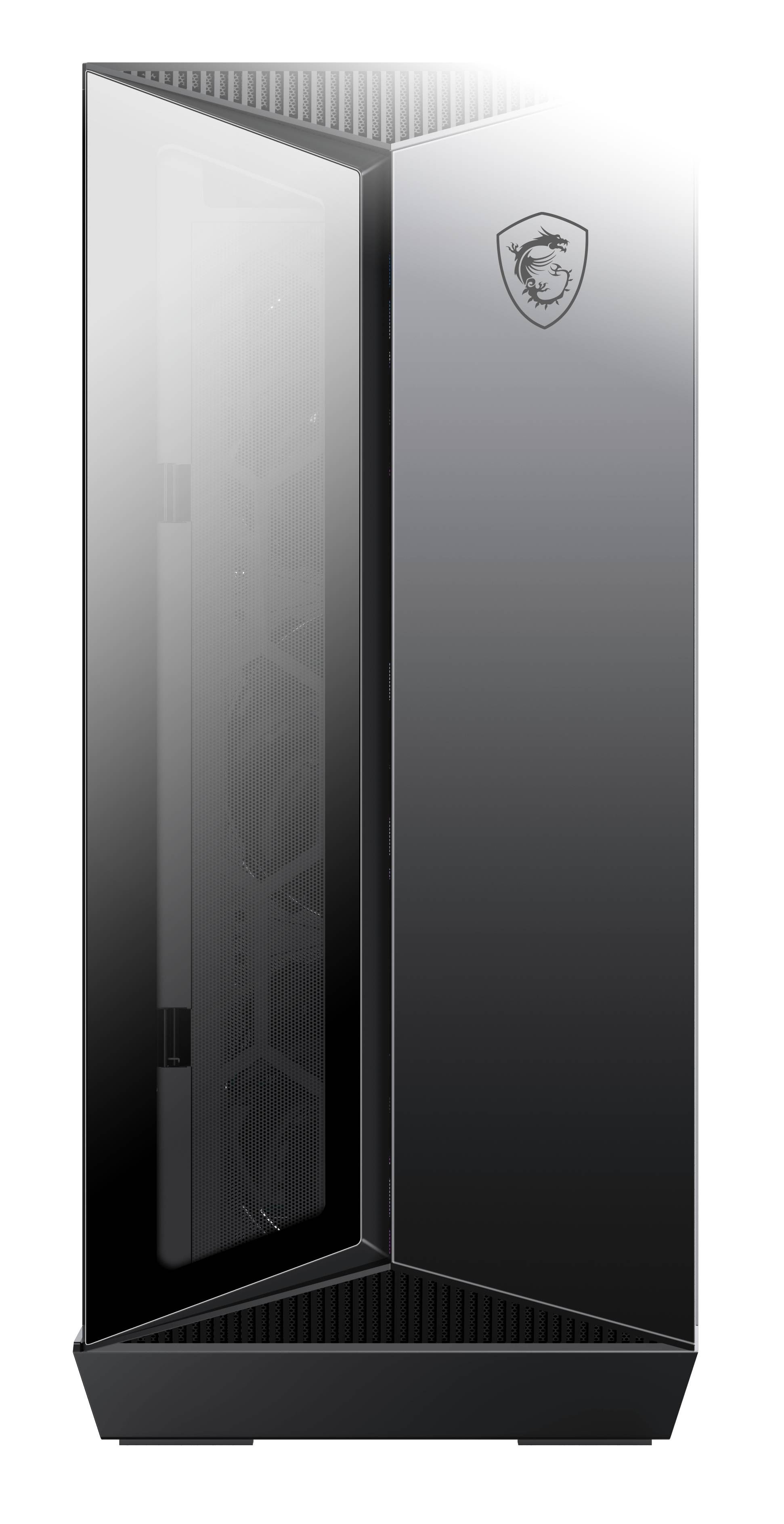 Schwarzer Desktop-Computer mit durchsichtigem Seitenteil und einem Logo oben rechts auf der Vorderseite.