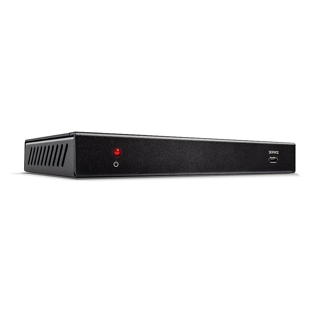 Ein schwarzer Netzwerkrekorder, auf einer weißen Oberfläche, zeigt eine rote Betriebsanzeige und einen USB-Serviceanschluss.