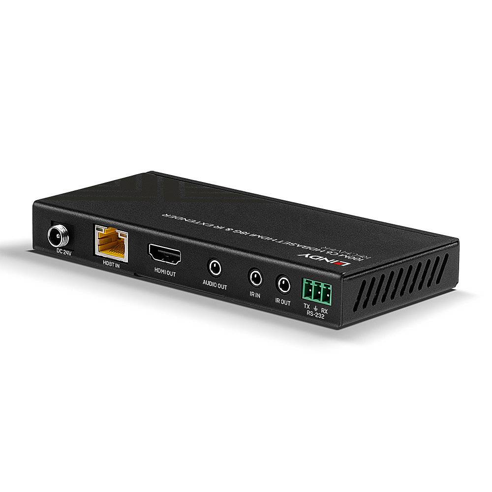 Schwarzes, rechteckiges Gerät mit mehreren Anschlüssen: Strom, HDMI, Netzwerk, Audio, IR-In/Out. Nutzung vermutlich für audiovisuelle Übertragung.