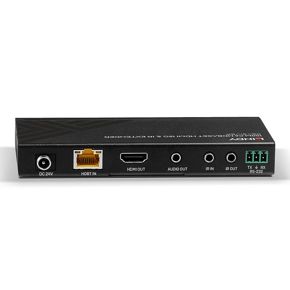 Ein schwarzes Audiogerät mit Anschlüssen: DC 24V, HDMI-Ausgang, Audio-Ausgang, IR Ein/Ausgang, RS-232 Schnittstelle.