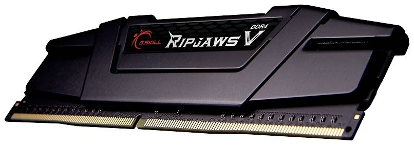 'G.Skill Ripjaws V DDR4 RAM' ist ein schwarzer RAM-Riegel mit einem markanten Design, geeignet für Computeraufrüstungen.