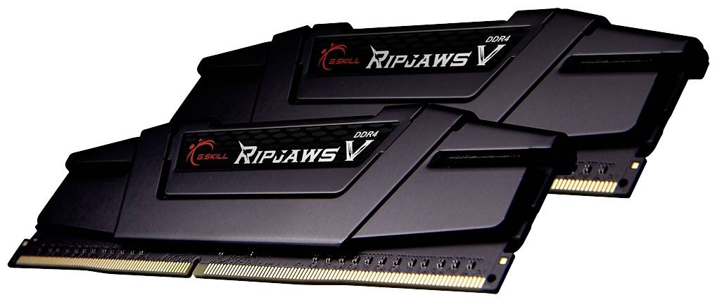 Zwei schwarze Ripjaws V DDR4 RAM-Module für Computer, gestaltet mit markantem Design, liegen übereinander.