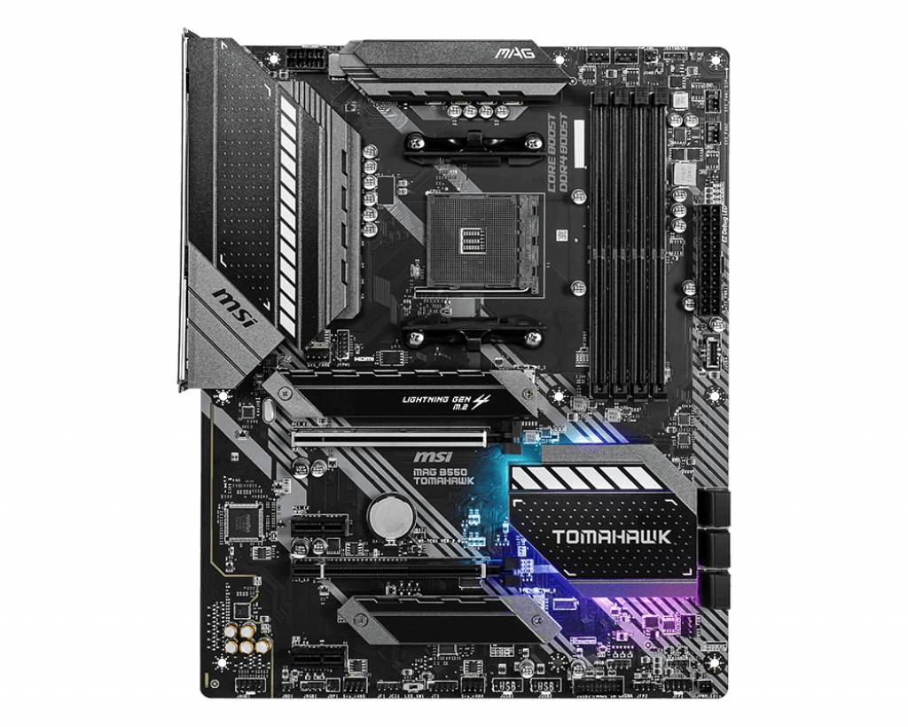 MSI MAG B550 TOMAHAWK Mainboard, ATX-Format, mit RGB-Beleuchtung, unterstützt AMD-Prozessoren, vier RAM-Steckplätze und diverse Anschlüsse.