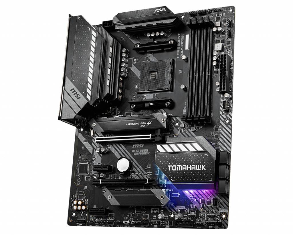 MSI MPG B550 Tomahawk Motherboard mit LED-Beleuchtung, PCIe-Steckplätzen und Kühlkörpern, geeignet für AMD Ryzen-Prozessoren.