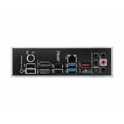 Rückseite eines Computer-Motherboards mit verschiedenen Anschlüssen, darunter USB, HDMI, Netzwerkanschluss und Audioeingänge.