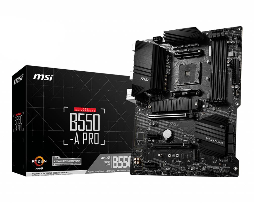 Ein MSI B550-A PRO Mainboard mit Verpackung. Geeignet für AMD Ryzen Prozessoren, unterstützt PCIe 4.0 und hat einen AM4-Sockel.