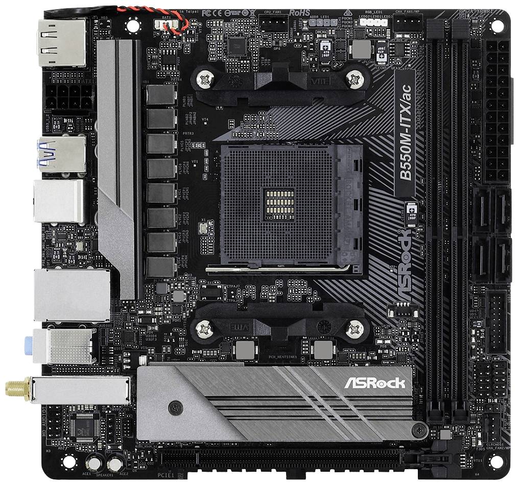 Motherboard mit dem Modell 'ASRock B550M-ITX/ac', zeigt Anschlüsse, Kühlung und Steckplätze für Komponenten.