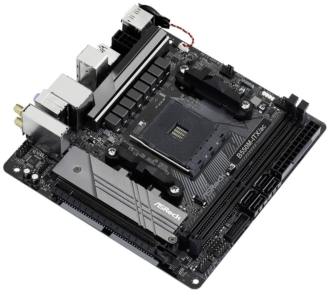 Schwarzes Computer-Motherboard mit mehreren Steckplätzen und Anschlüssen, markiert mit 'ASRock B550M-ITX/ac', für PC-Komponenten.
