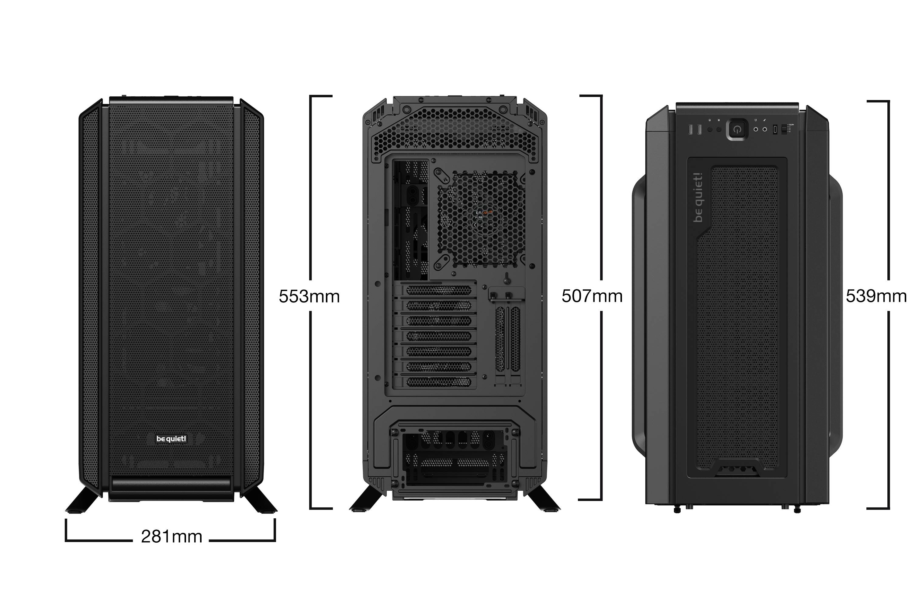 Drei Ansichten eines schwarzen Computergehäuses mit den Maßen: Breite 281 mm, Höhe 553 mm (Front), 507 mm (Rückseite), 539 mm (Seite).