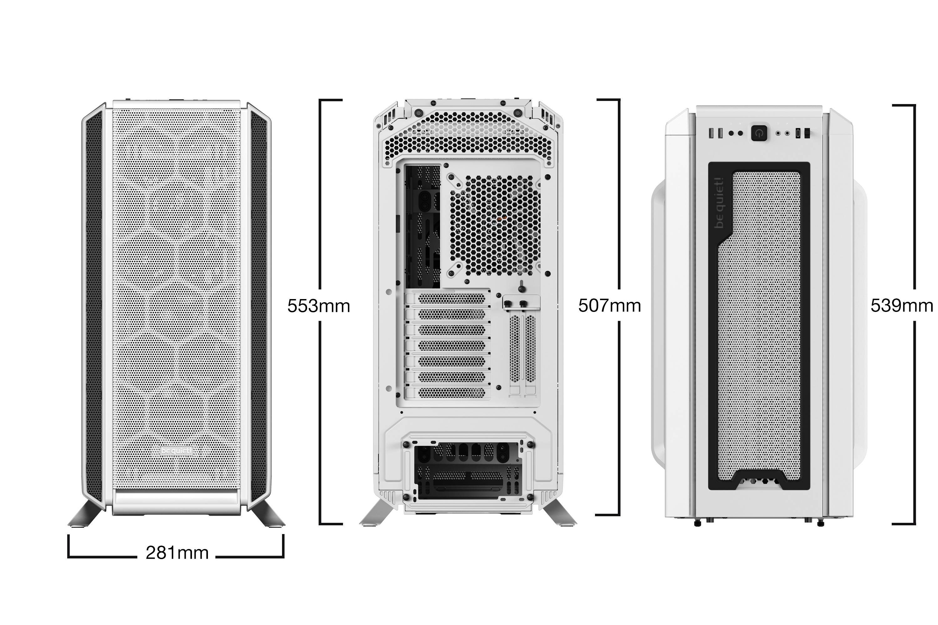 Dreifache Ansicht eines weißen Computergehäuses mit angegebenen Maßen: Breite 281 mm, Höhe 553 mm, Tiefe 507 mm, seitlich 539 mm.