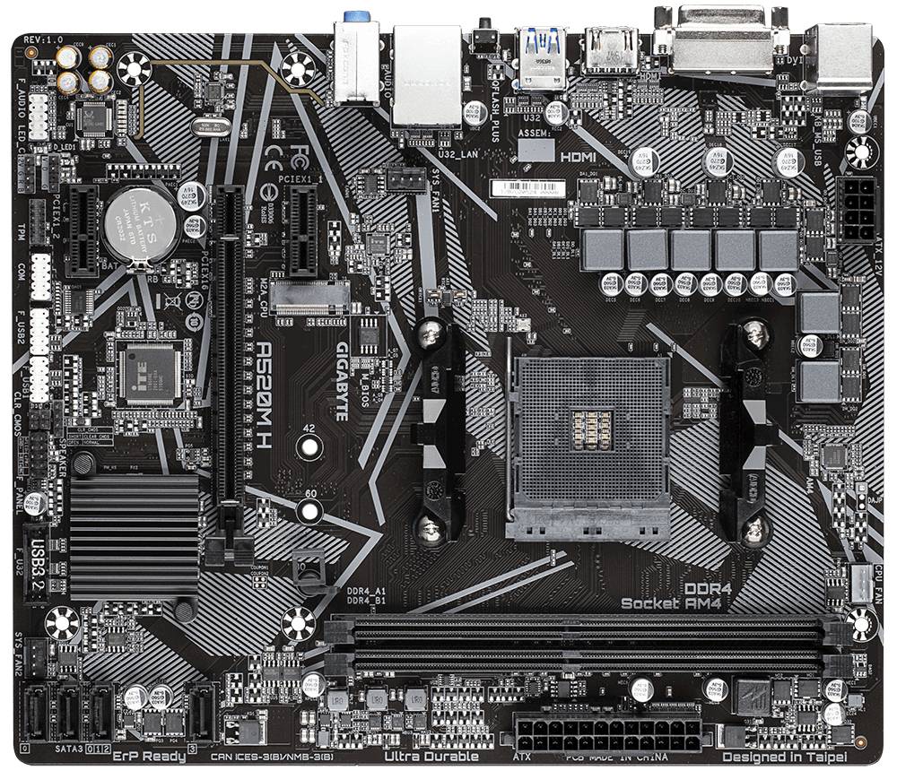 Eine Computer-Mainboard mit verschiedenen Anschlüssen und Steckplätzen, darunter USB, HDMI und Steckplätze für RAM und CPU.