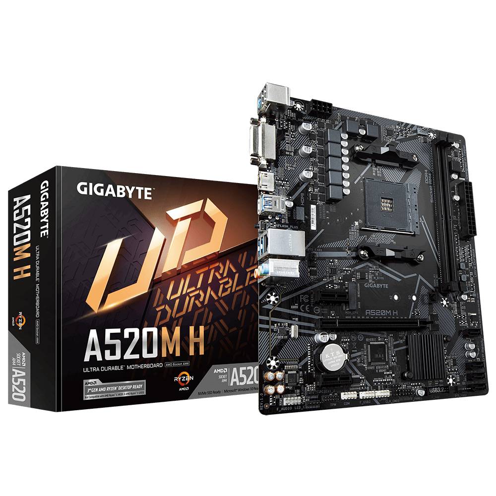 Mainboard Gigabyte A520M H, AMD-Chipsatz, mit Verpackung daneben. Bietet 'Ultra Durable' Technologie. Geeignet für AMD Ryzen Prozessoren.