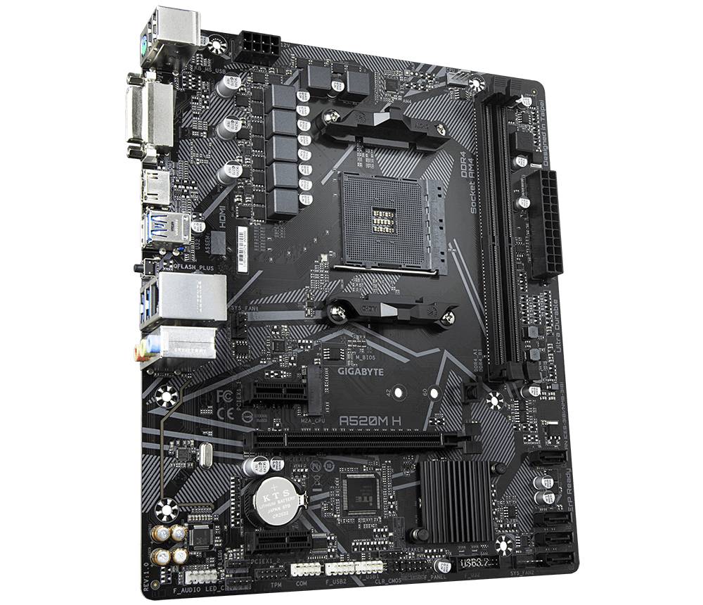 Schwarzes Gigabyte-Motherboard mit verschiedenen Anschlüssen und Slots zur Installation von Computerkomponenten, Modell A520M H.