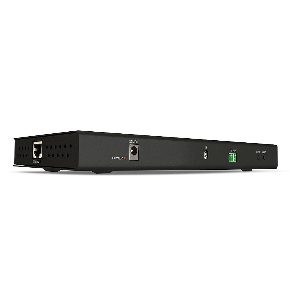 Ein schwarzes elektronisches Gerät mit Ethernet-Anschluss, Stromanschluss und Statusleuchten, vermutlich ein Netzwerk-Switch oder Verstärker.