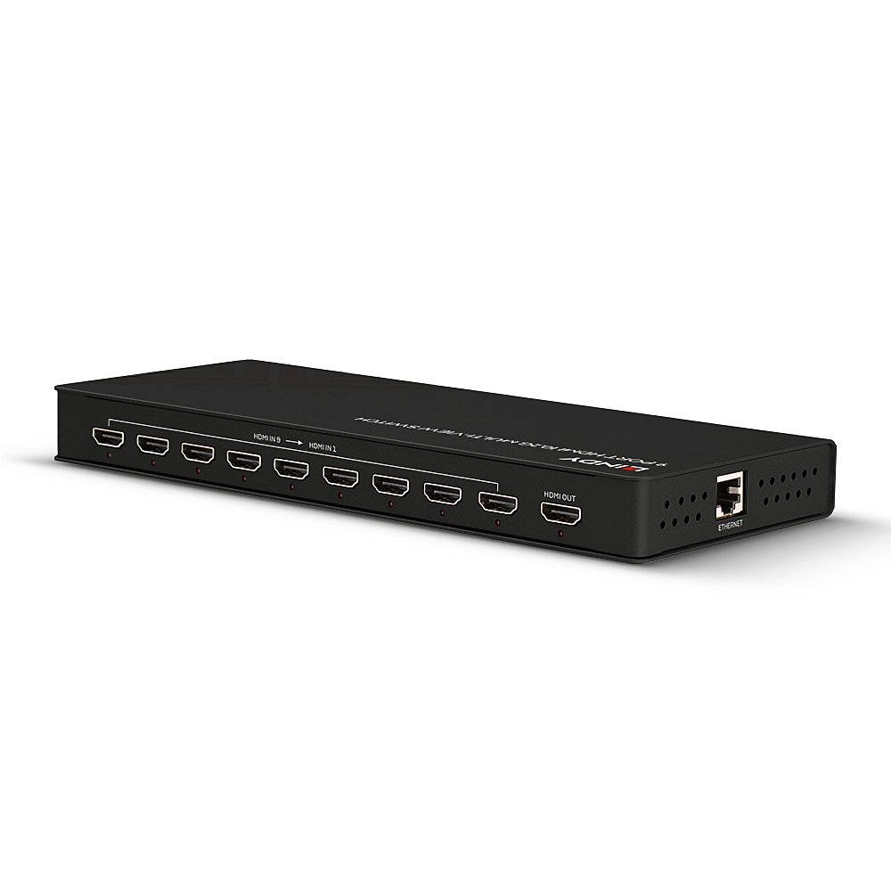 Ein schwarzer HDMI-Splitter mit acht Eingängen und einem Ausgang. Rechts befindet sich ein Ethernet-Anschluss. Gerät für Videoverteilung.