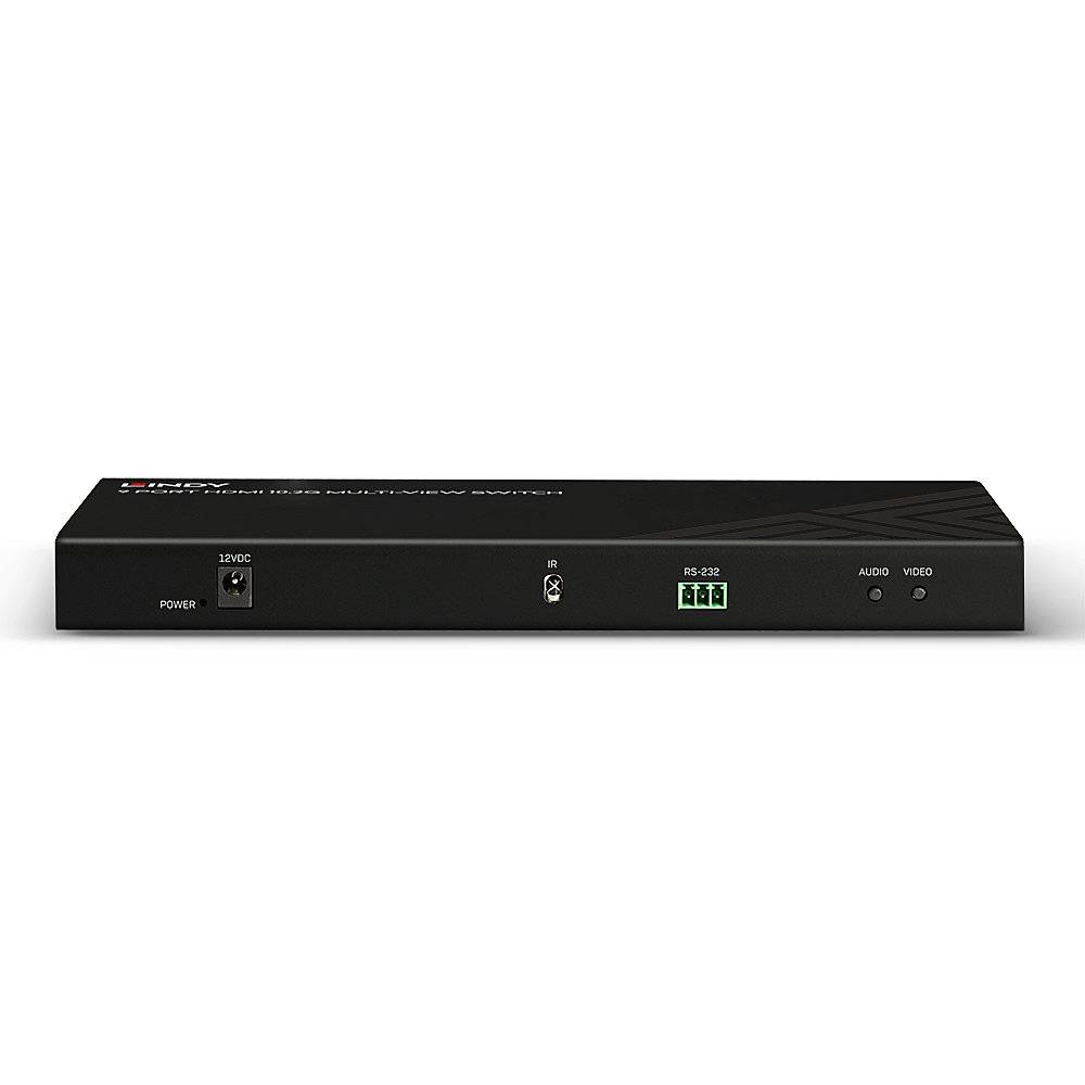 Ein HDMI-auf-IP-Multiview-Schalter mit mehreren Anschlüssen für Strom, RS-232, Audio und Video auf der Vorderseite.