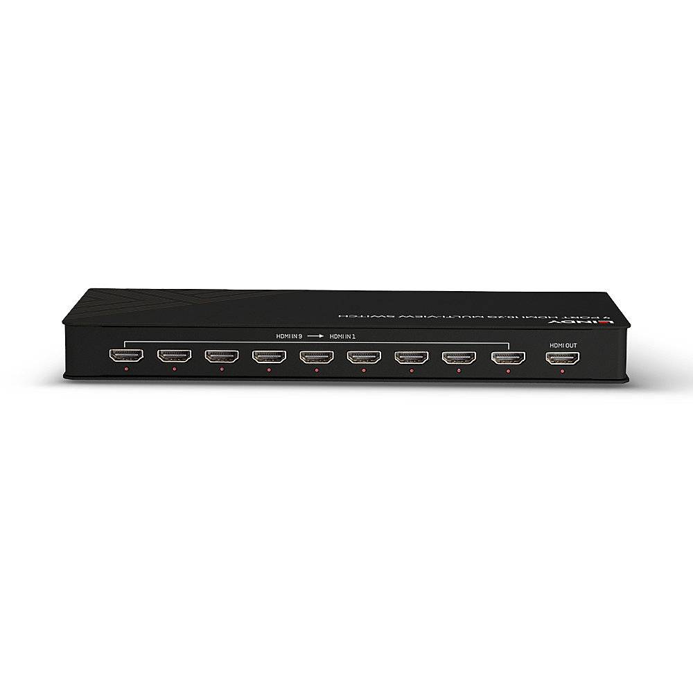 Ein HDMI-Verteiler mit acht Eingangsanschlüssen und einem Ausgangsanschluss, geeignet zur Signalweiterleitung an mehrere Geräte.