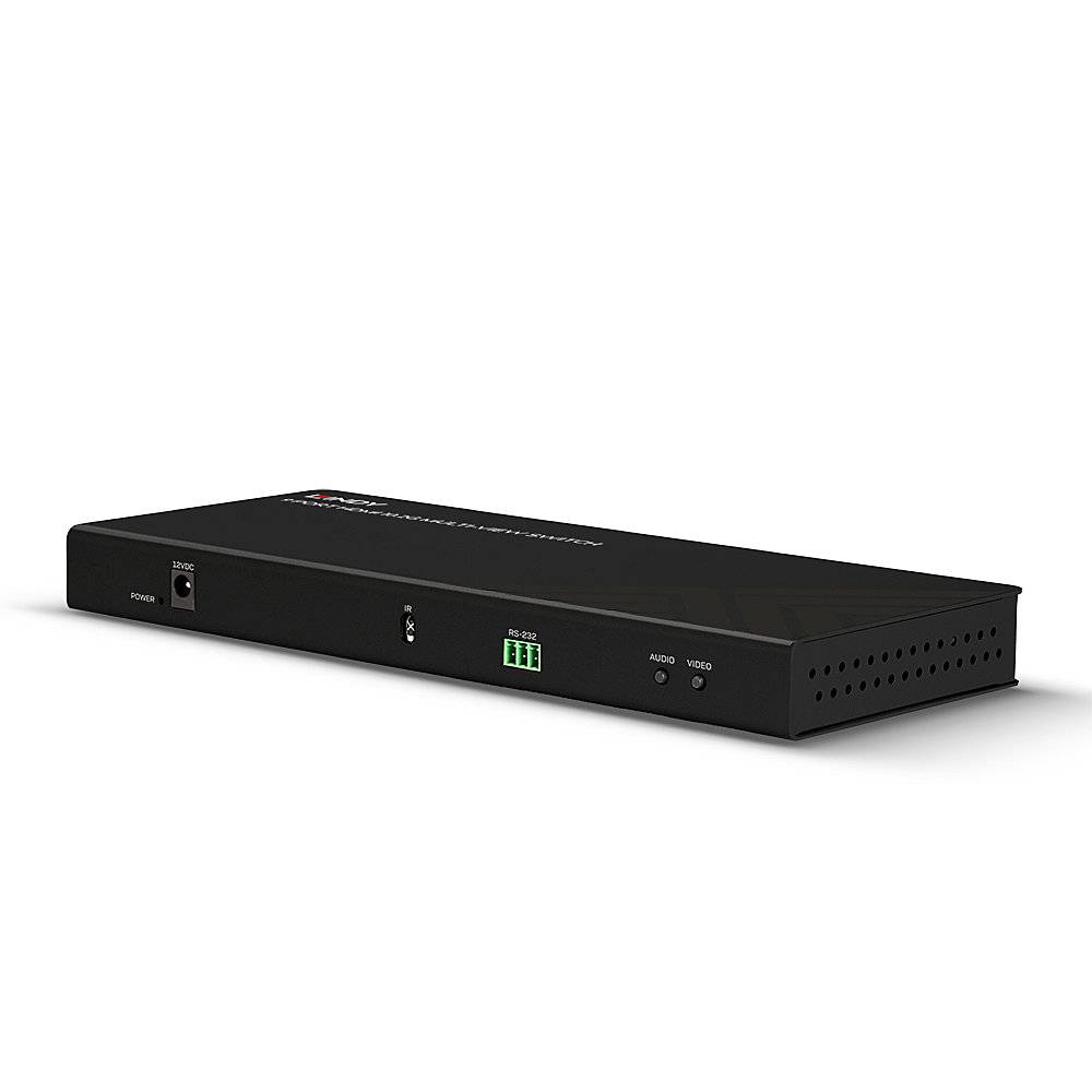 Ein schwarzes elektronisches Gerät mit Anschlüssen für Audio und Video an der Seite, geeignet für mediale Konnektivität.